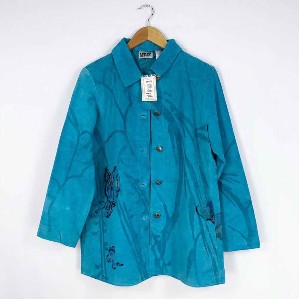 Chico's Vintage Butterfly Artsy Suede Jacket Women's 1 Medium Turquoise Western